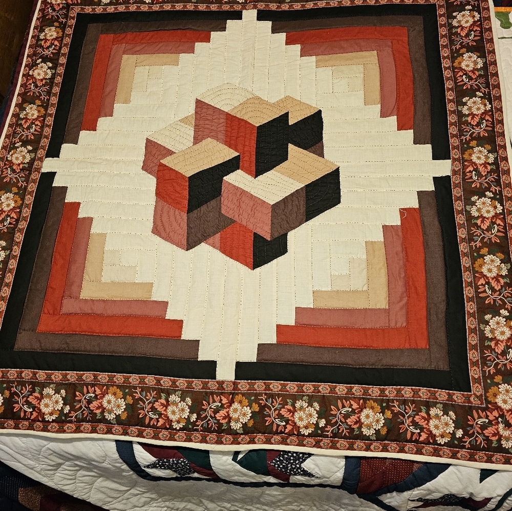 Handmade Geometric Quilt with Floral Border